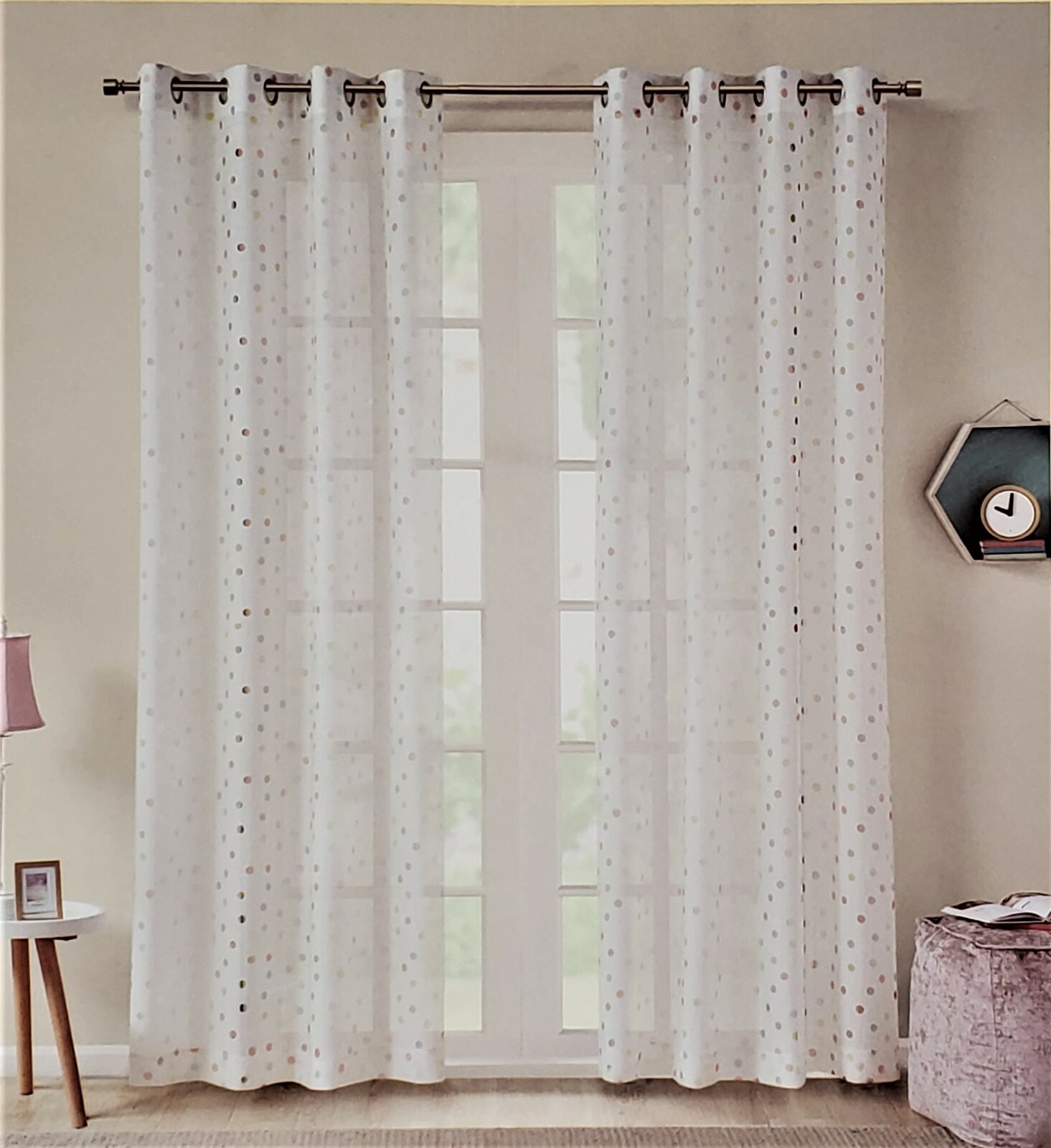 RAINBOW DOT Grommet Top Window Sheer 63 In Length Set of 2 White