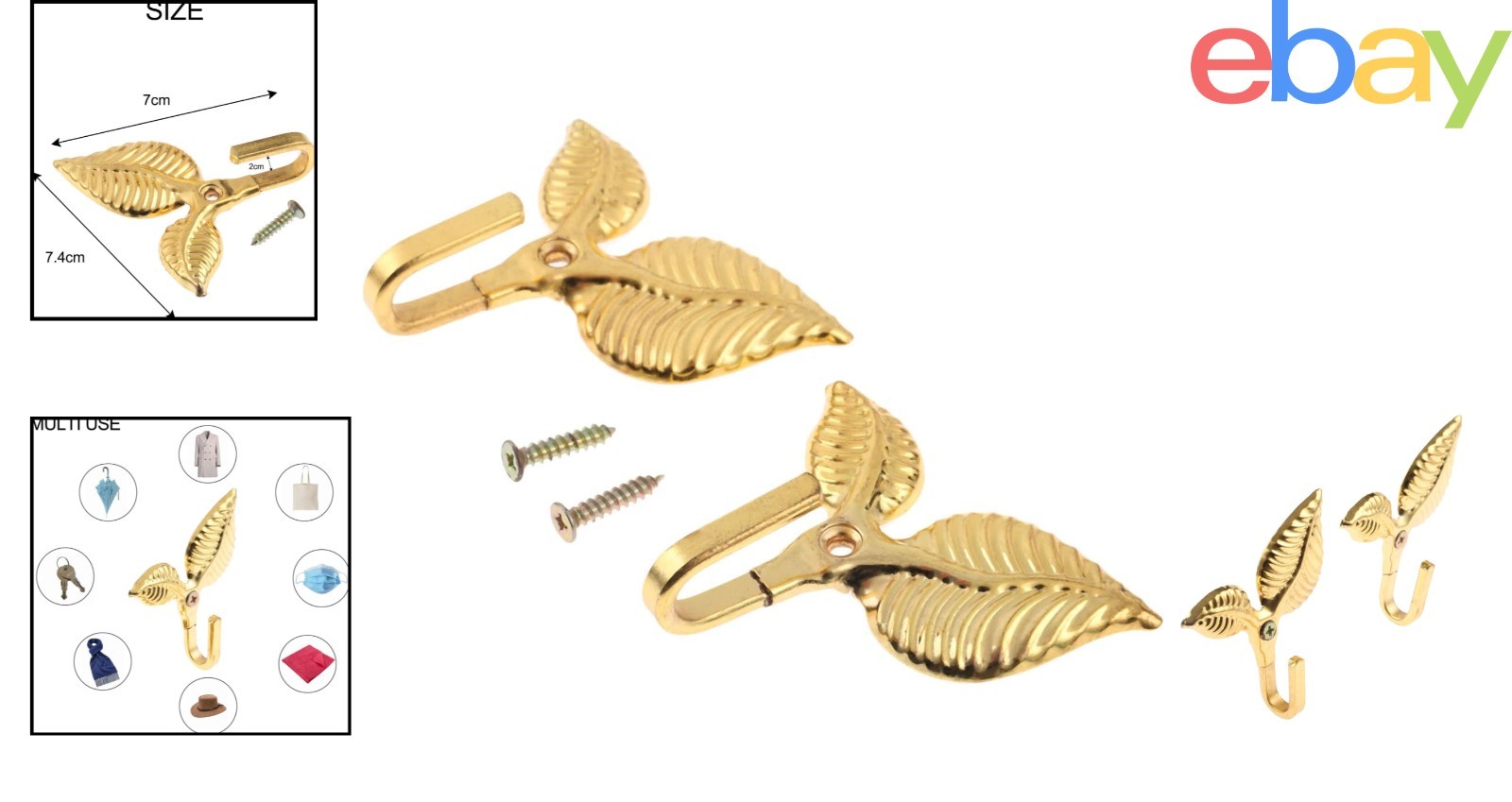 Gold Metal Curtain Holdbacks, Decorative Leaf Design Wall Hooks for Home Décor