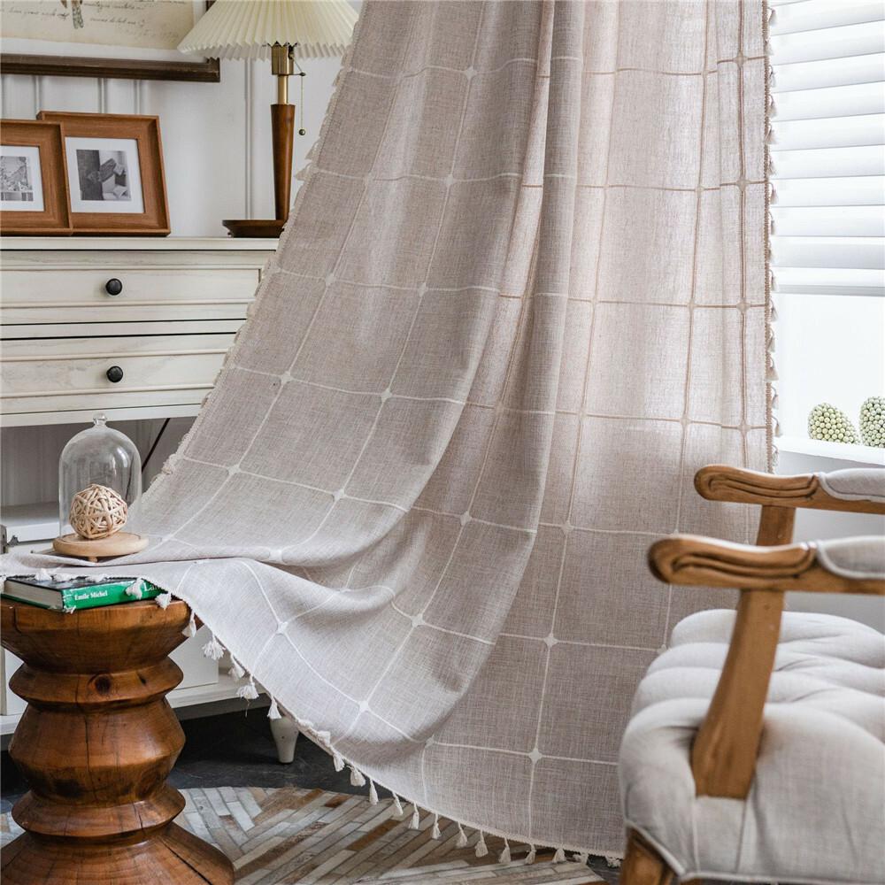 Plain Tassel Curtain Curtain Plaid Embroidery Drape Living Bedroom Decor