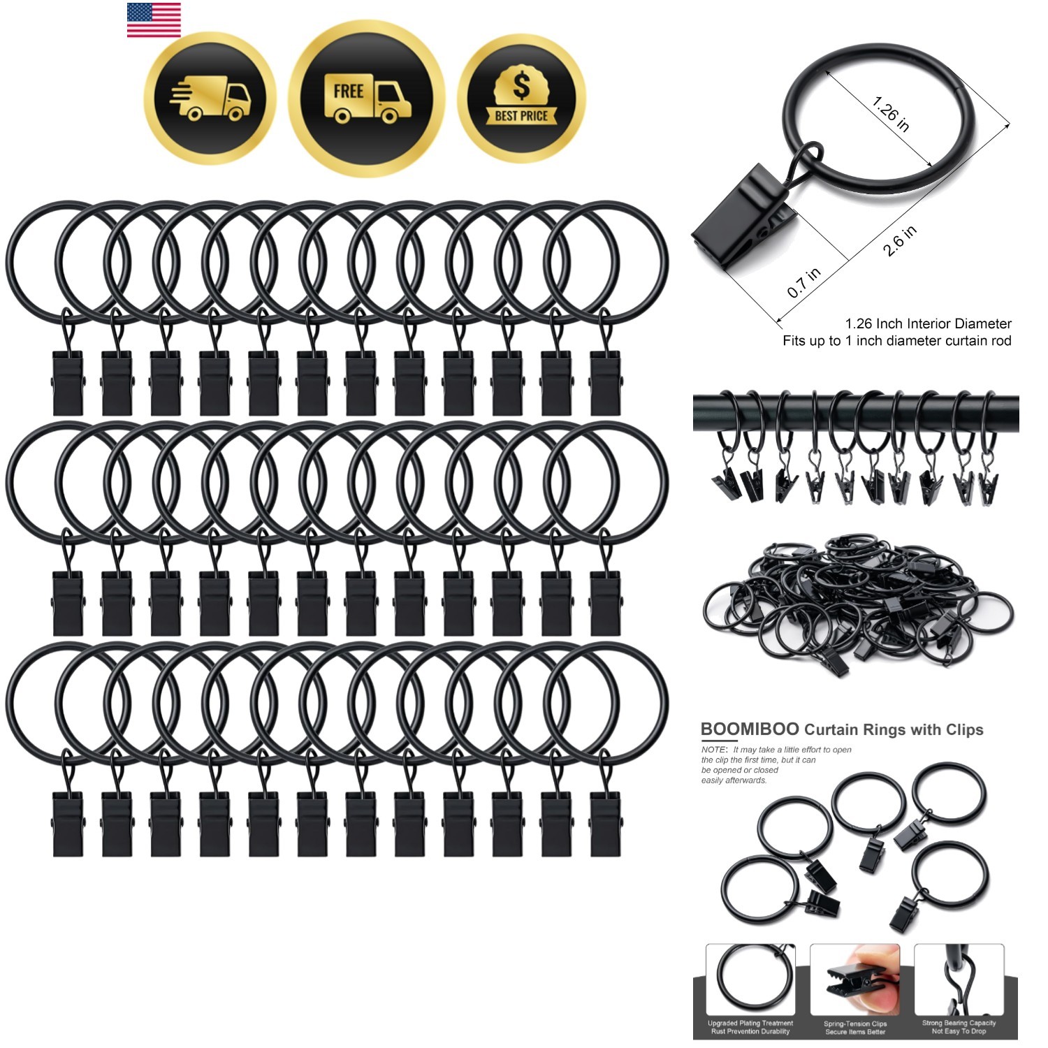 Curtain Rings Clips Pack 36 Metal Durable Black Fits up to 1 Inch Rod
