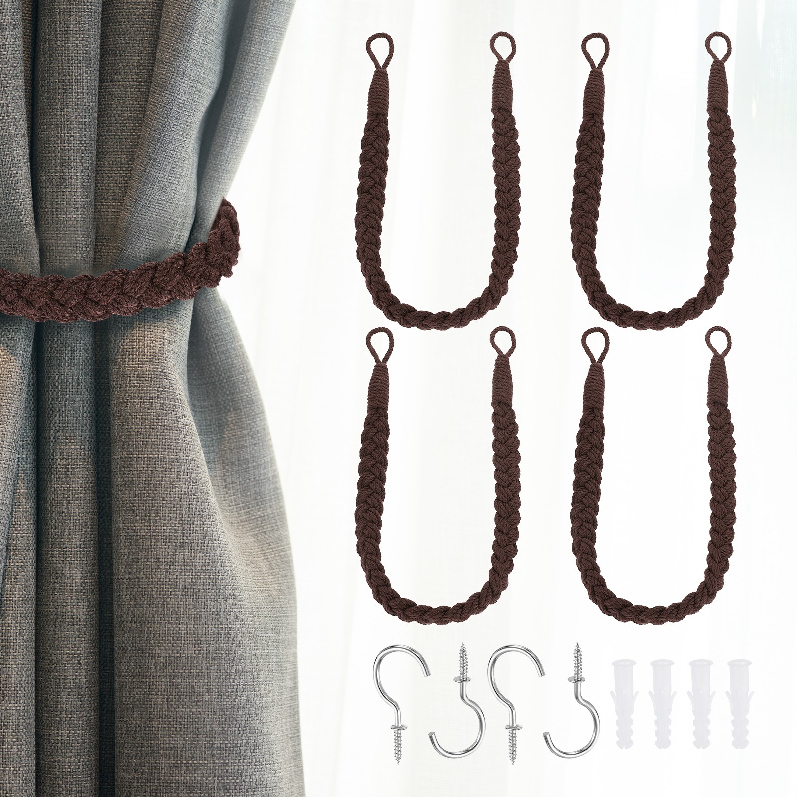 4Pcs Rope Curtain Tiebacks 23.6″ Hand-Woven Curtain Holdback Dark Brown
