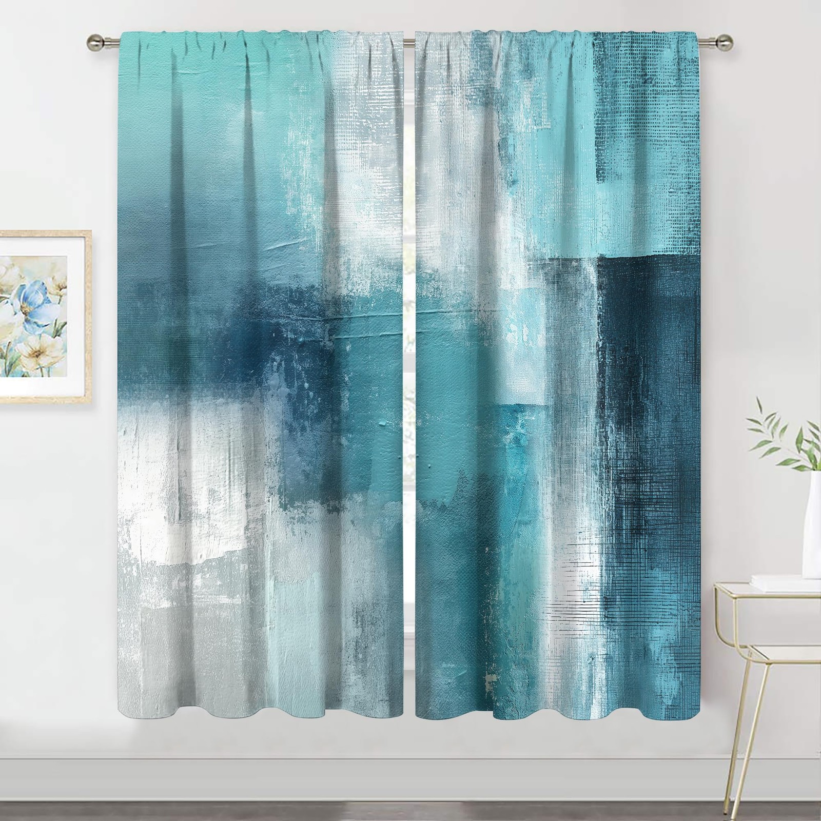 MESHELLY Turquoise Grey Abstract Teal Curtains 42Wx63H Rod Pocket Blue Aqua G…