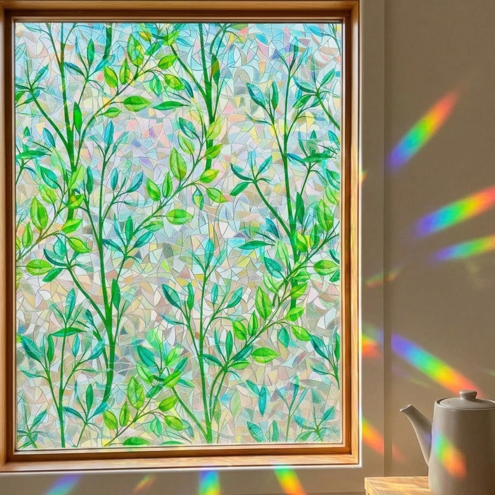 Stained Glass Privacy Window Film 3D Prism Green Leaves Sliding Door Cover St…