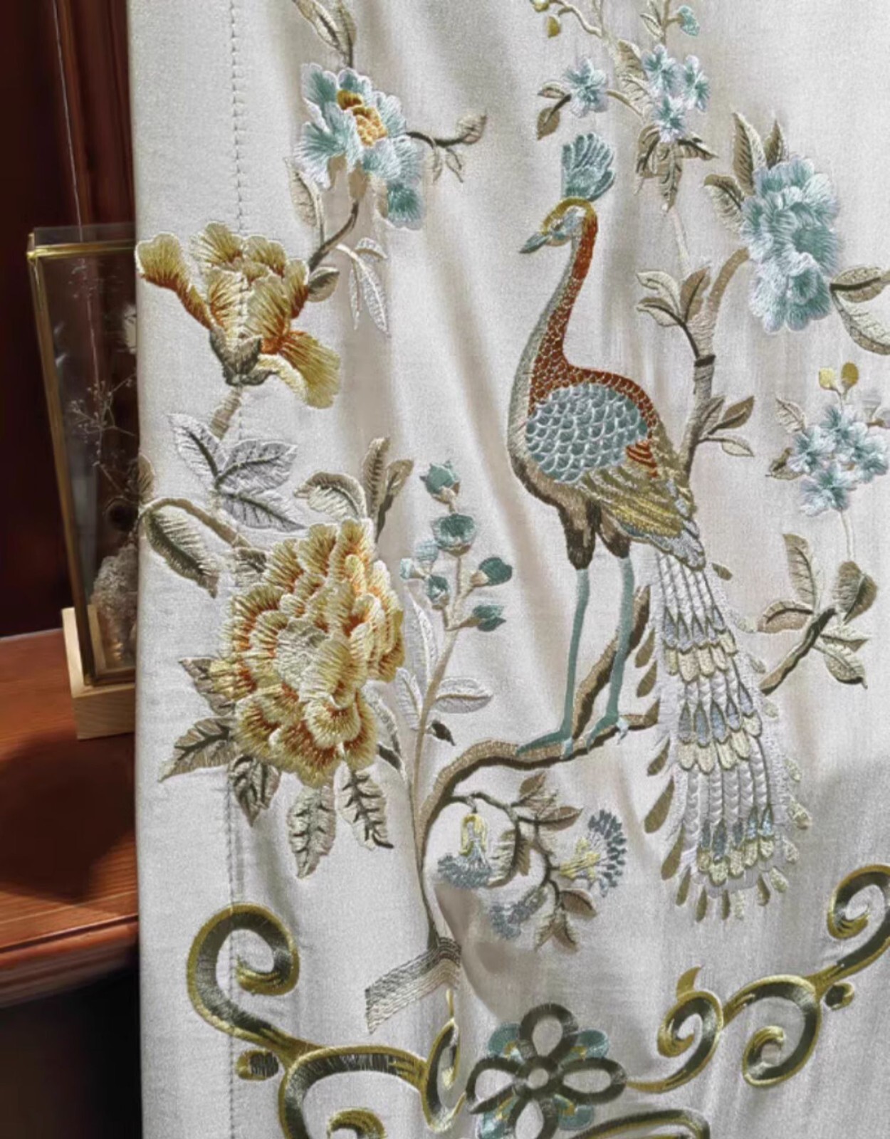 Custom embroidery Faux silk elegant champagne cloth curtain valance drape C1632