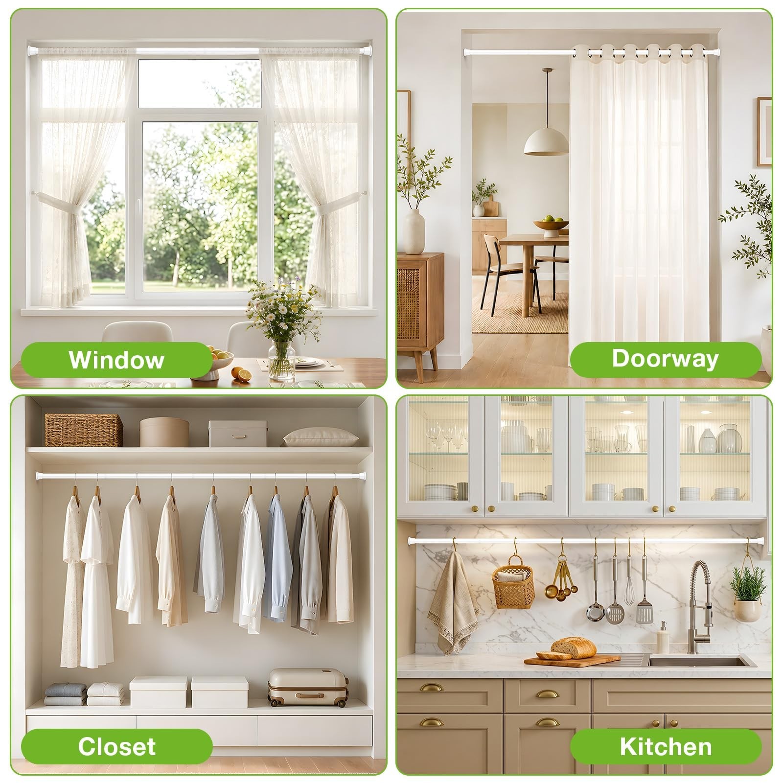 Adjustable Spring Tension Curtain Rod 31-76 Inch – No Drill, White, 7/8″ Diamete