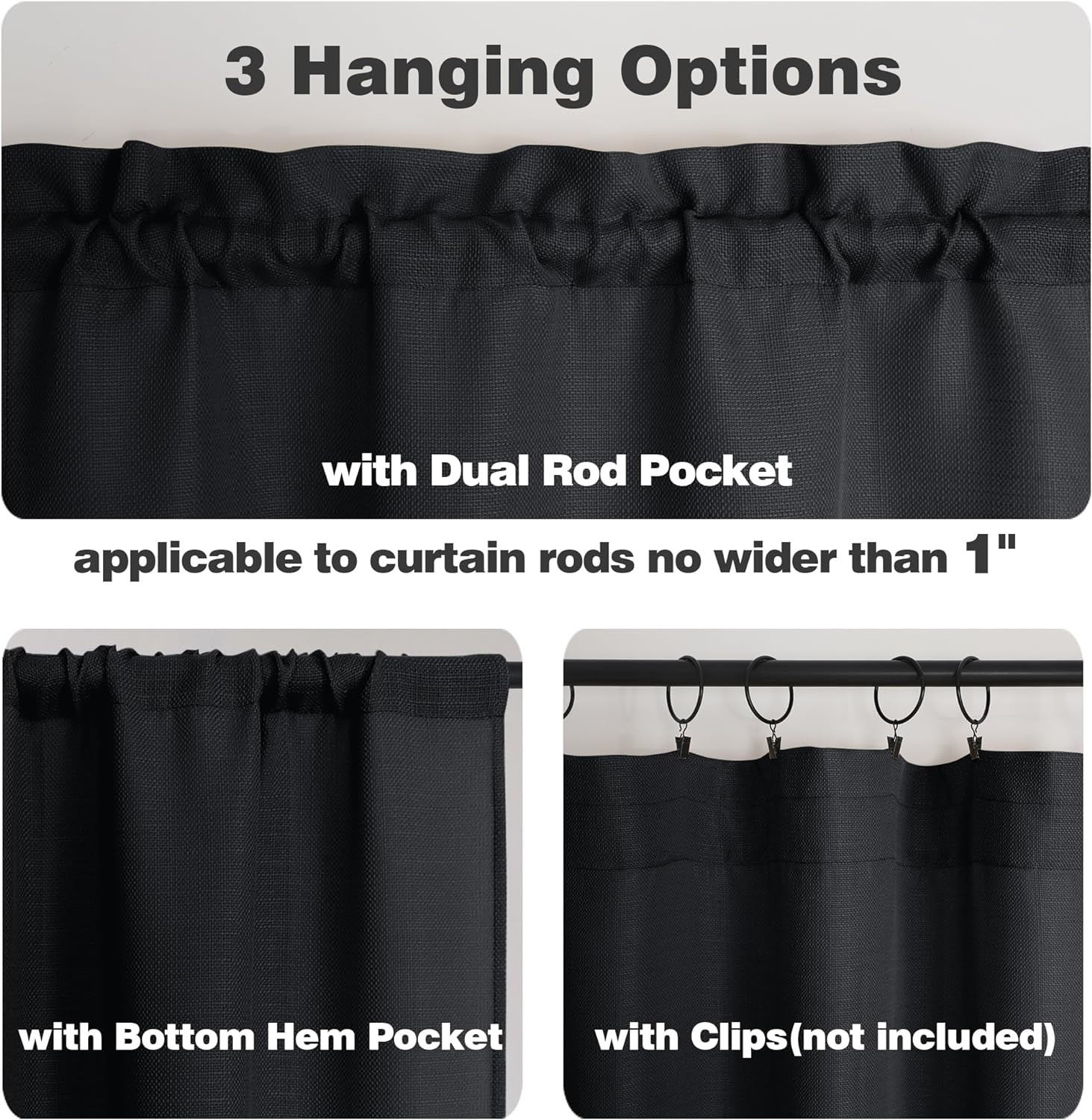 Black Curtains 63 Inch Length 2 Panels, Faux Linen Textured Semi Sheer ..