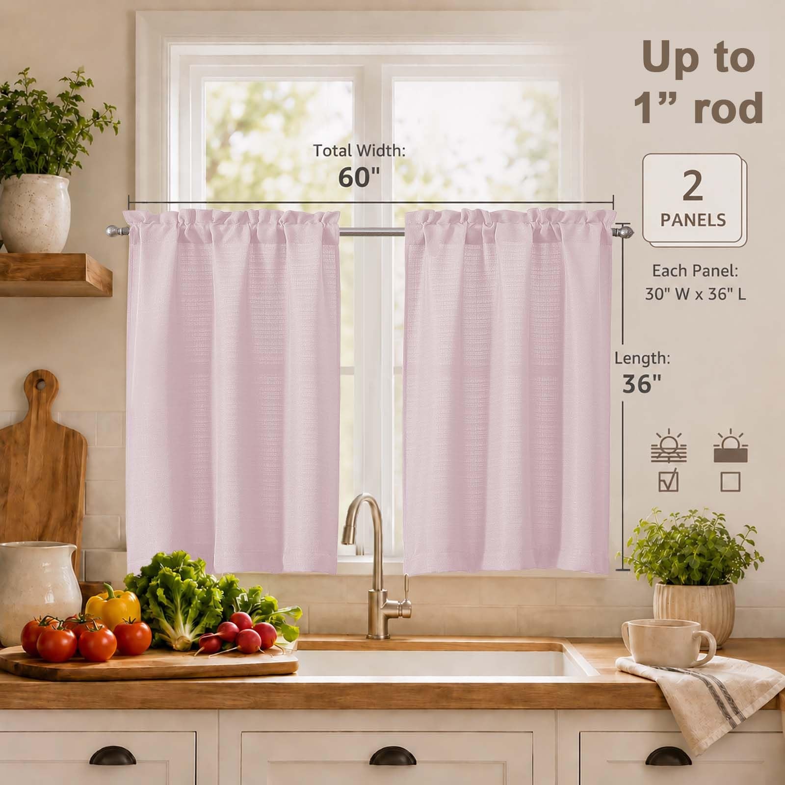 Blush Pink Kitchen Curtains 2 Panel Faux Linen Cafe Short Light Filtering 30×36