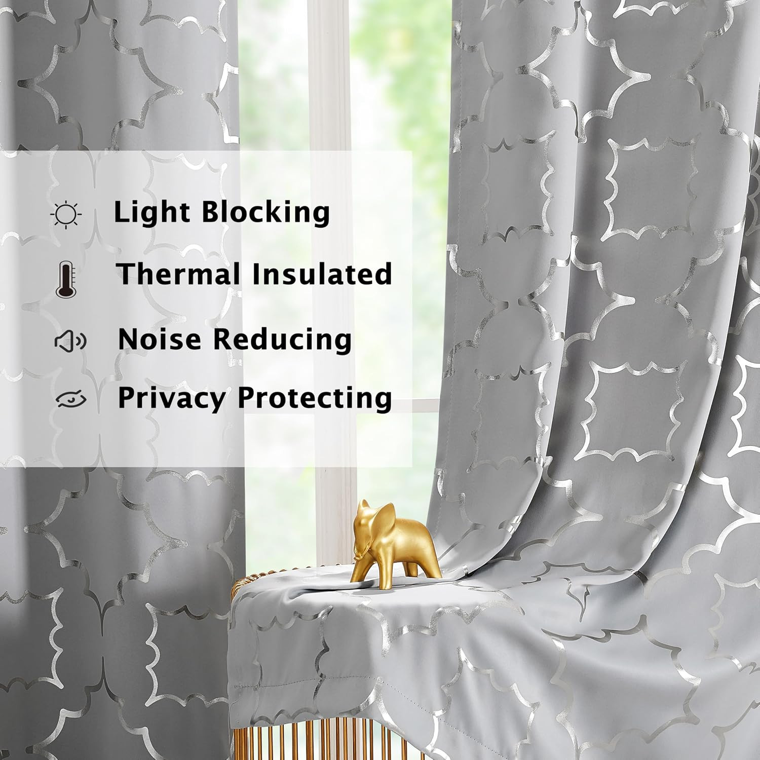 Purainbow Grey Blackout Curtain Panels for Bedroom 84″ Silver Foil Moroccan Meta