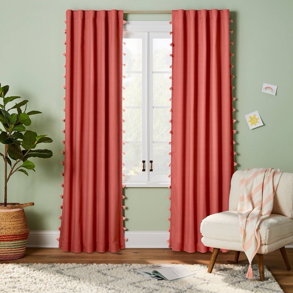 Pillowfort 42×95 Tassel Kids Blackout Window Curtain Panel Rose Pink