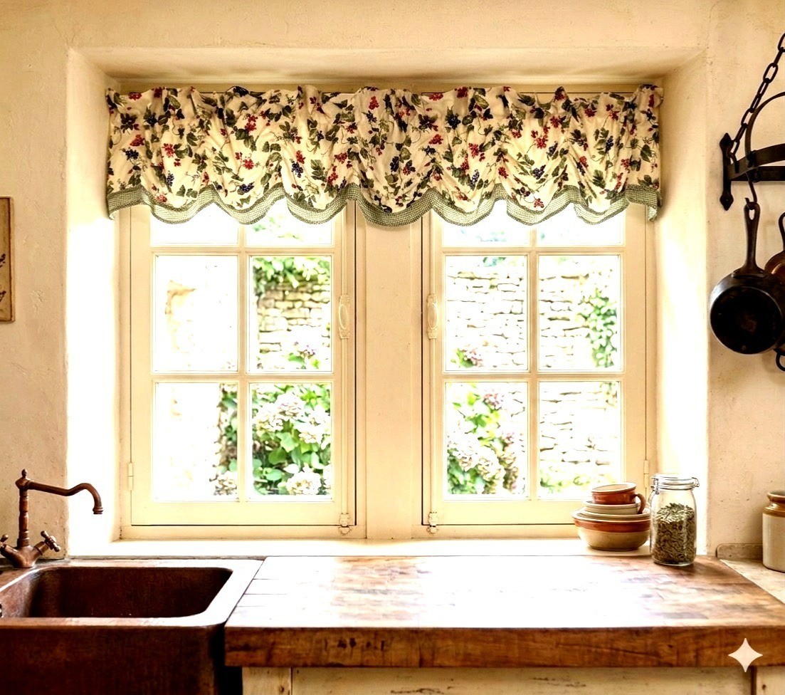Set 2 Waverly Orchard Trail French Country Scallop Valences Grapevine Gingham