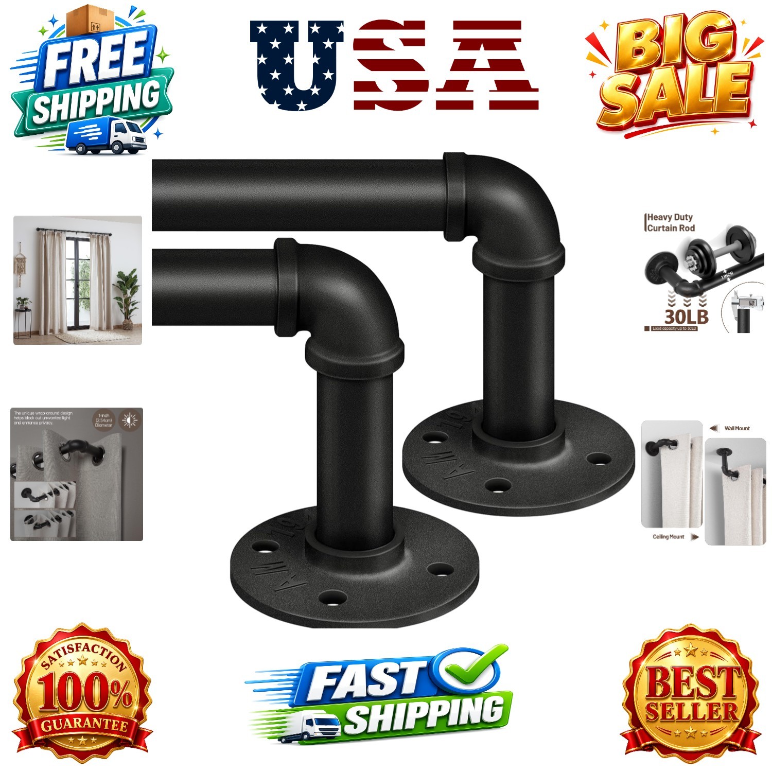 2 Pack 1 Inch Industrial Wrap Around Curtain Rods, Black, 48″-86″ | Adjustabl…