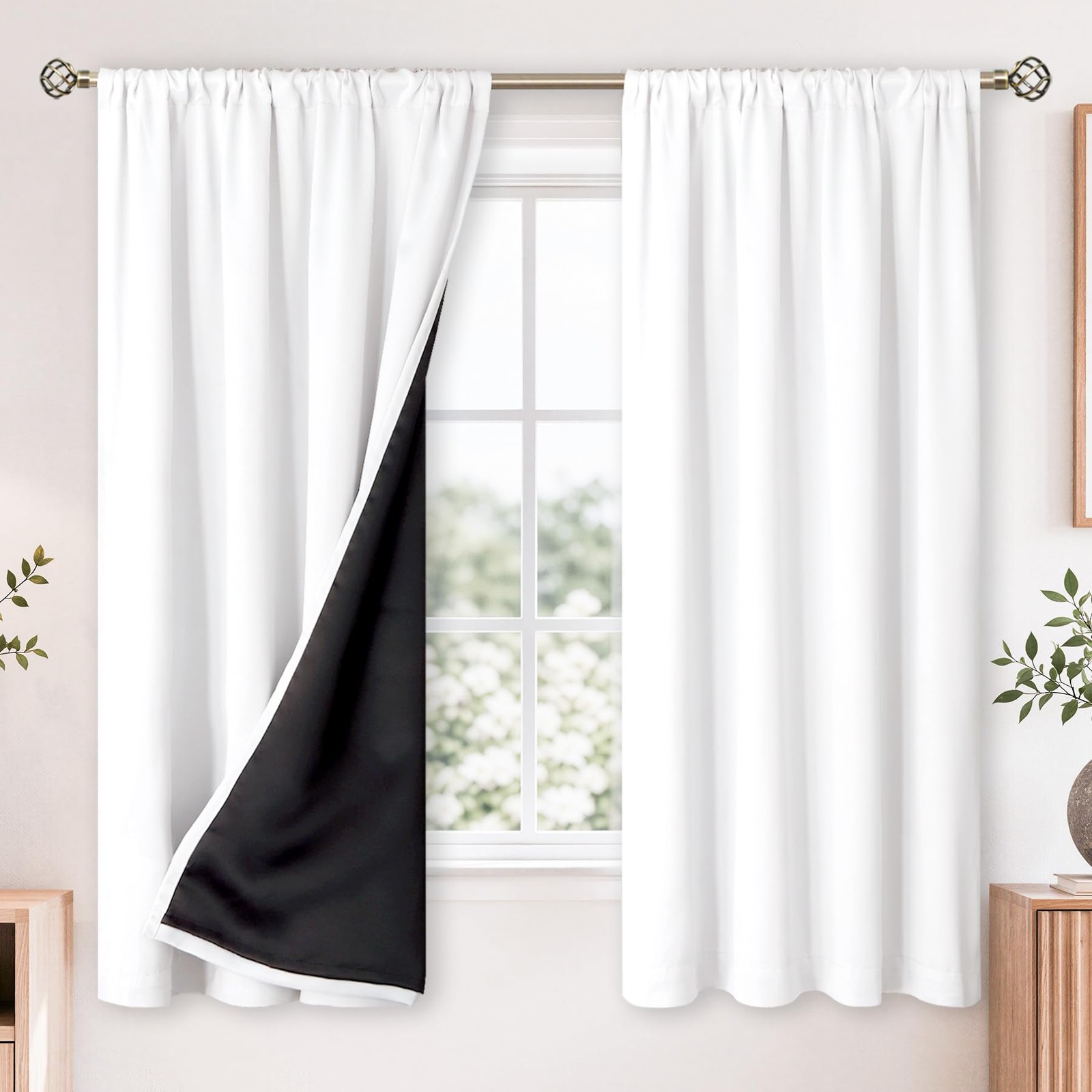 White Blackout Curtains for Bedroom 63 Inch Long – Thermal Insulated Black Ou…