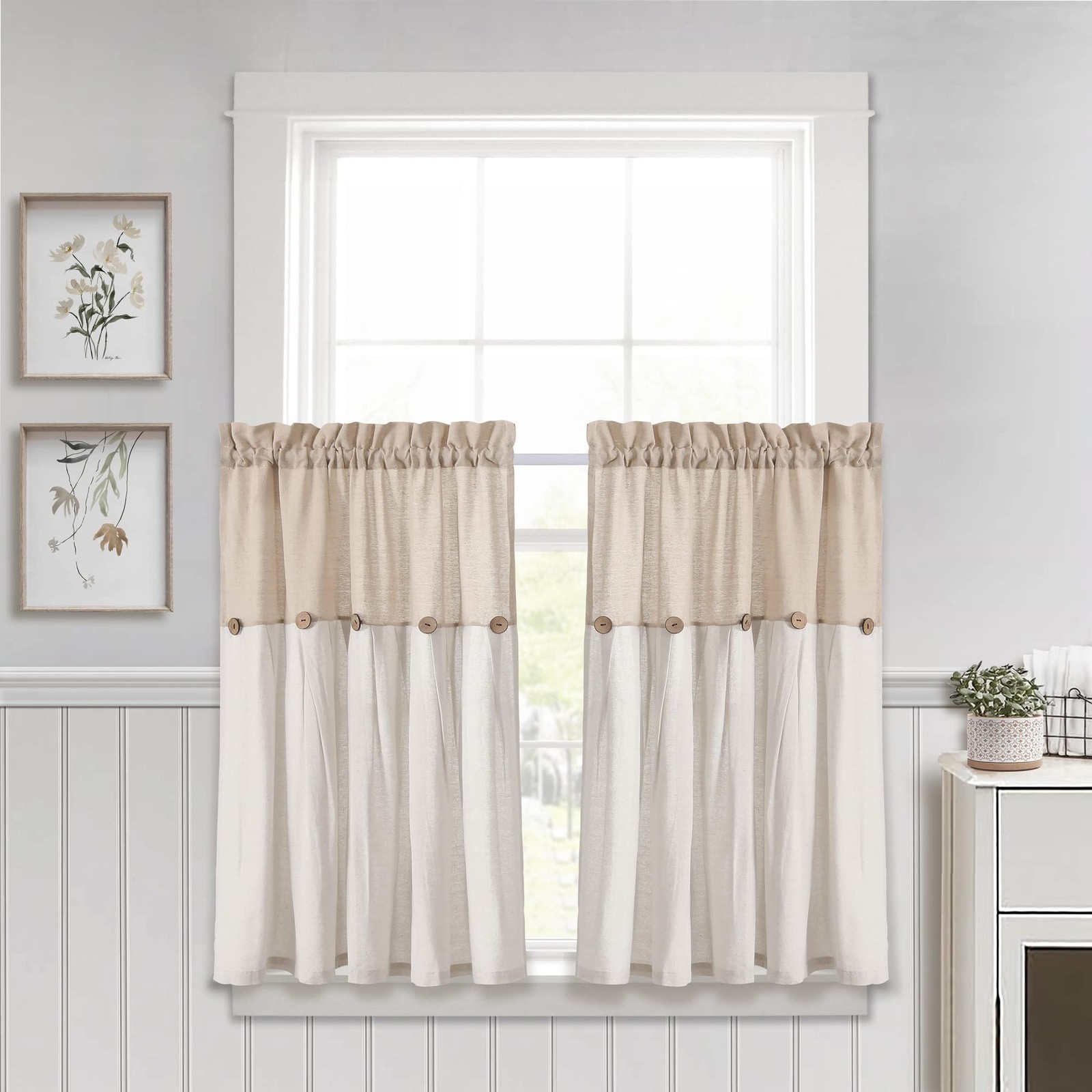 Linen Button Farmhouse Kitchen Tier Curtain Set Pair 29 W X 36 L L