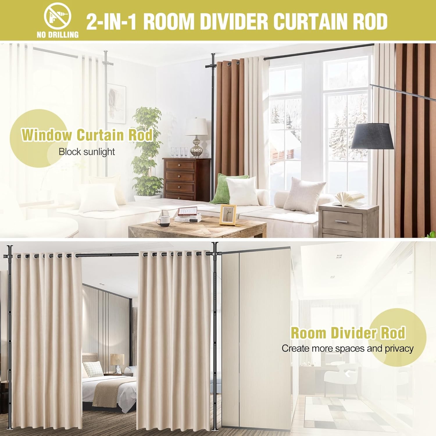 No Drilling Curtain Rod for Room Adjustable Tension Wall Divider Space Partition