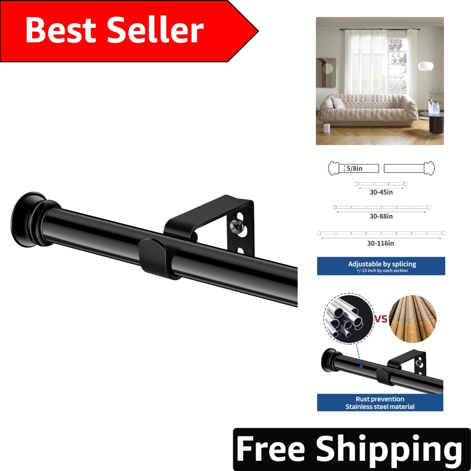 Small End Design Adjustable Curtain Rods 30-116″ – Heavy Duty Black Steel Set
