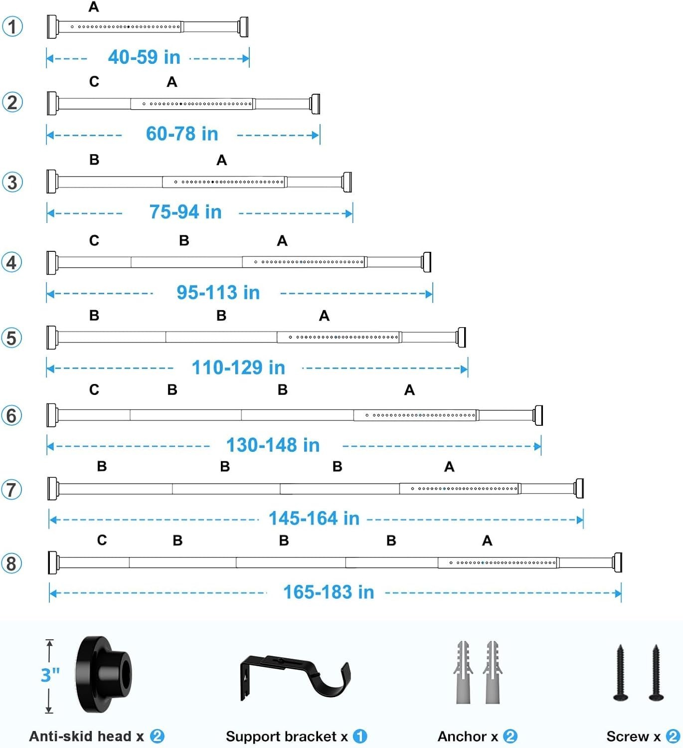 Spring-Loaded Black Tension Rod 40 to 183 Inch – Hassle-Free Curtain Solution