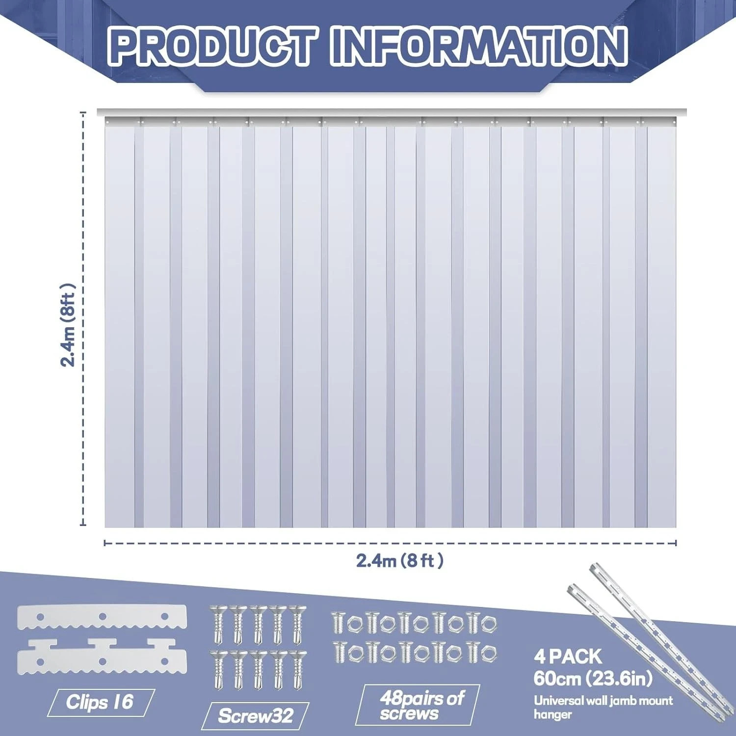 96 X 96 Inch PVC Strip Door Curtain Kit, Heavy Duty Waterproof Clear Door Curtai