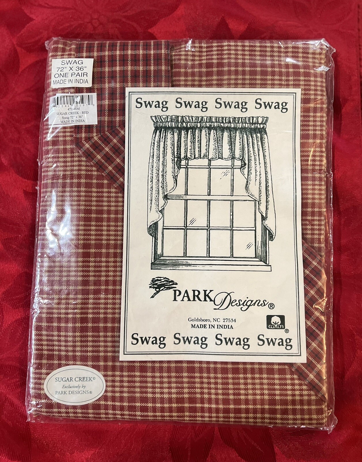 NEW Curtain Gathered Swag Pair 36″x72″- Sugar Creek Red By Park Designs NIP