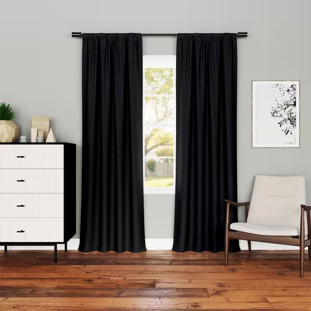 Kinnear Textured Black Polyester 40 In. W X 84 In. L Rod Pocket Blackout Curtain