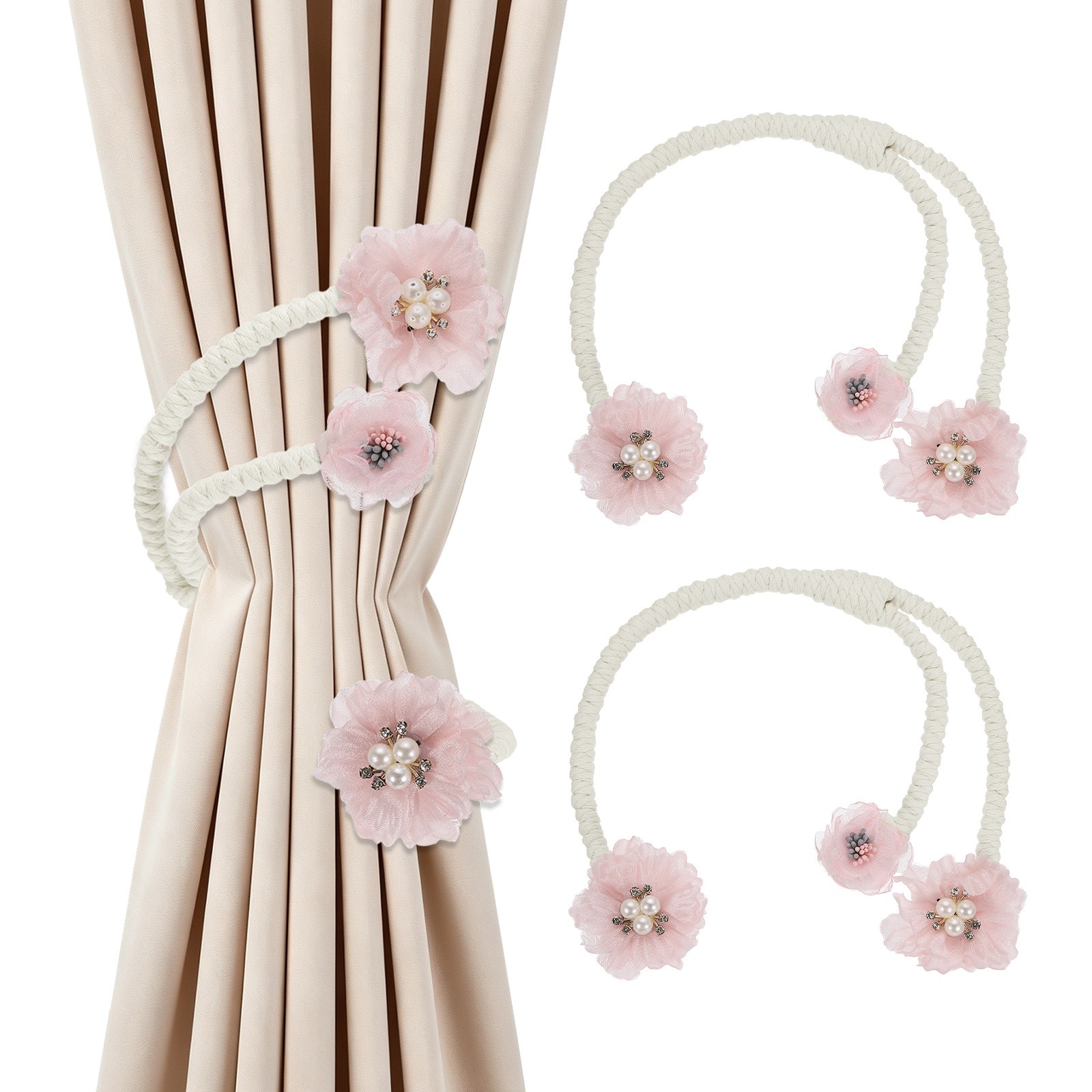 2Pcs Flower Curtain Tiebacks, 3 Flower 45cm Twist Holdbacks Clip, Light Pink
