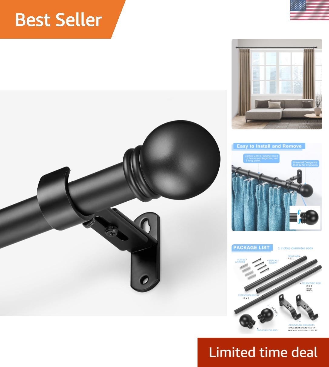 Stylish Adjustable Curtain Rod in Black – 1-Inch Diameter, All Hardware Included