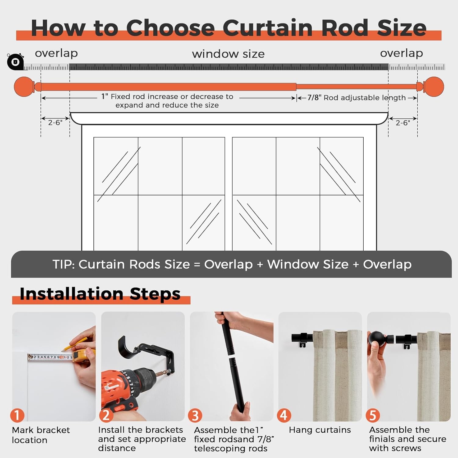 Black Curtain Rods for Windows 1 Inch Heavy Duty Adjustable Outdoor Indoor Set