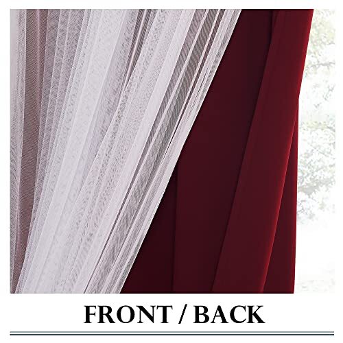 Red Curtains 95 Inches Long Solid Blackout Curtains With White Sheer Overlay 52