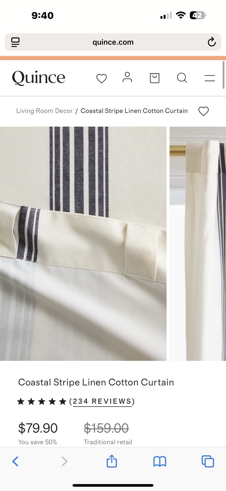 Quince Home Coastal Stripe Linen 48×96 light filter Curtain Ivory/Navy