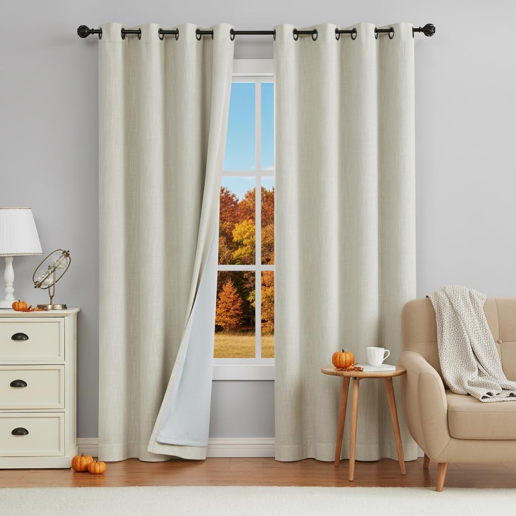 Central Park Beige Solid Full Blackout Curtain Heavy Linen Texture Window