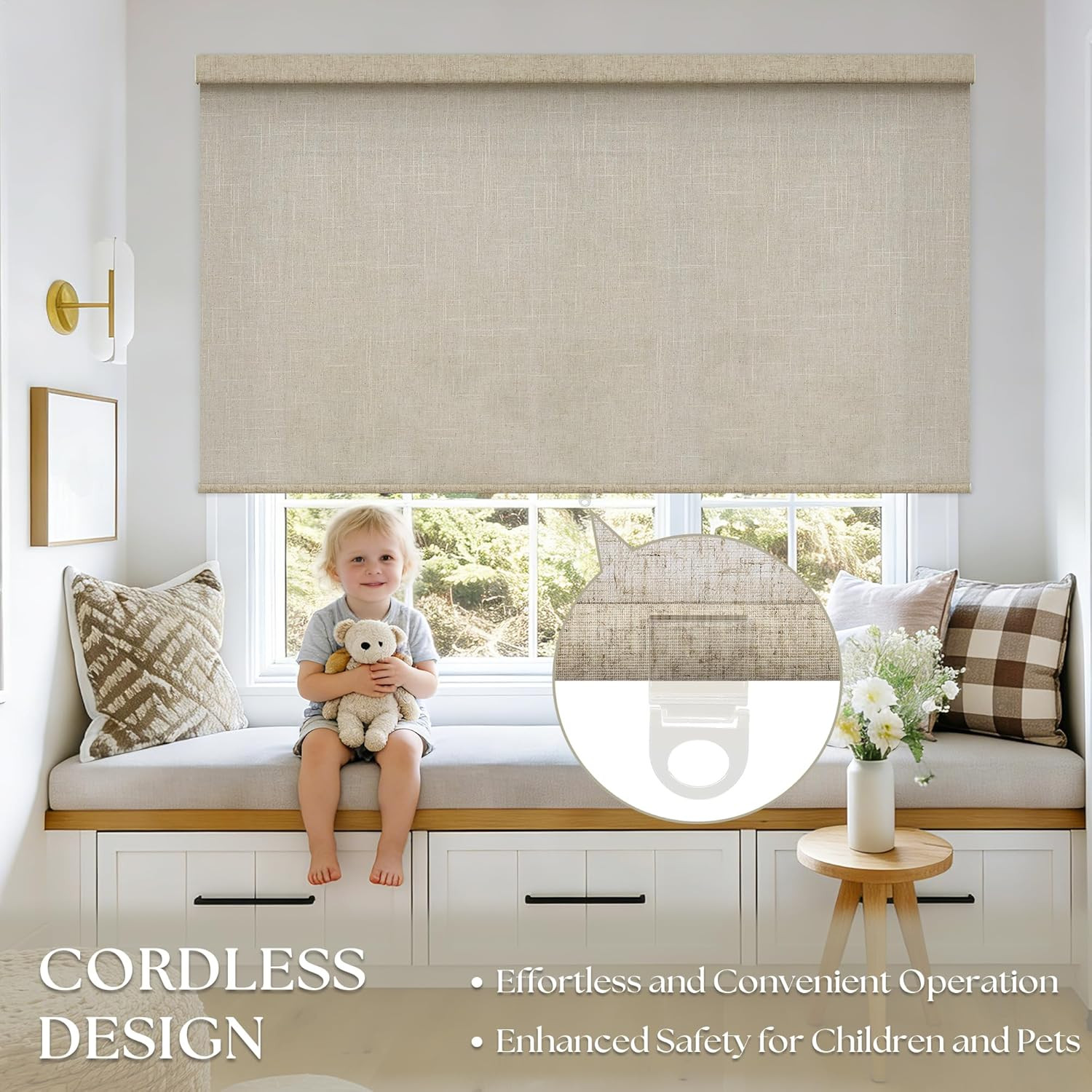 Extra Wide Cordless Linen Roller Shades 72″ W x 72″ H – Light Filtering Blinds
