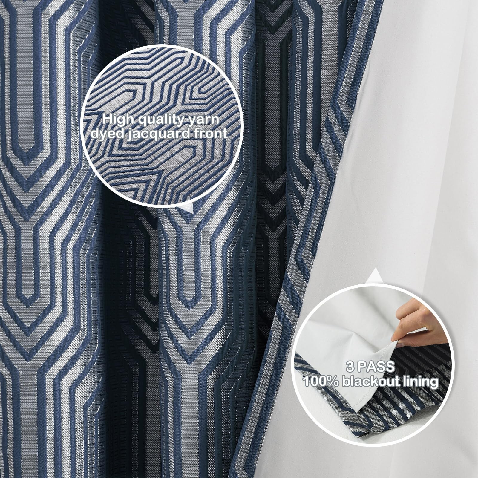 Indigo Blue and Silvery 100% Blackout Jacquard Geometric Pattern Curtains,52 …