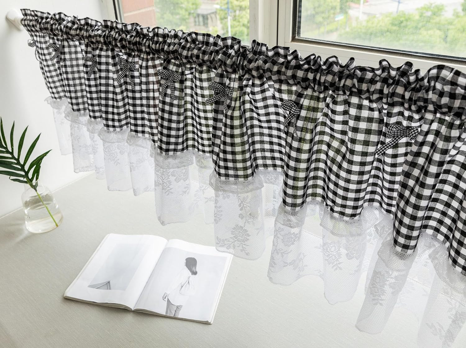 Black and White Buffalo Check Window Valances Floral Lace Semi Sheer Kitchen Cu