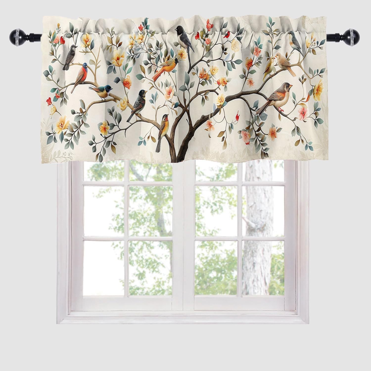 Bird Kitchen Curtain Valances Boho Tree Fallen Leaf Cartoon Beige Rod Pocket