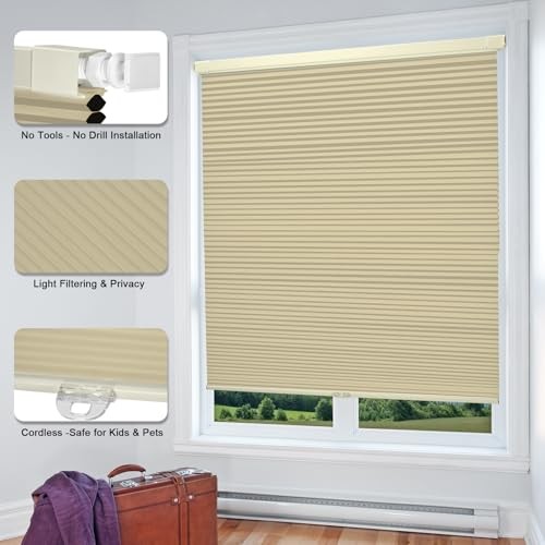 Cordless Cellular Shades, No Drill No Tools 31″W x 48″H Blackout-light Cream