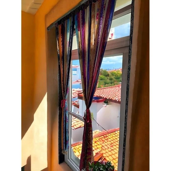 Boho Curtains Light-Filtering Gypsy Hippy Curtain Handmade Set of 2 Sari Silk