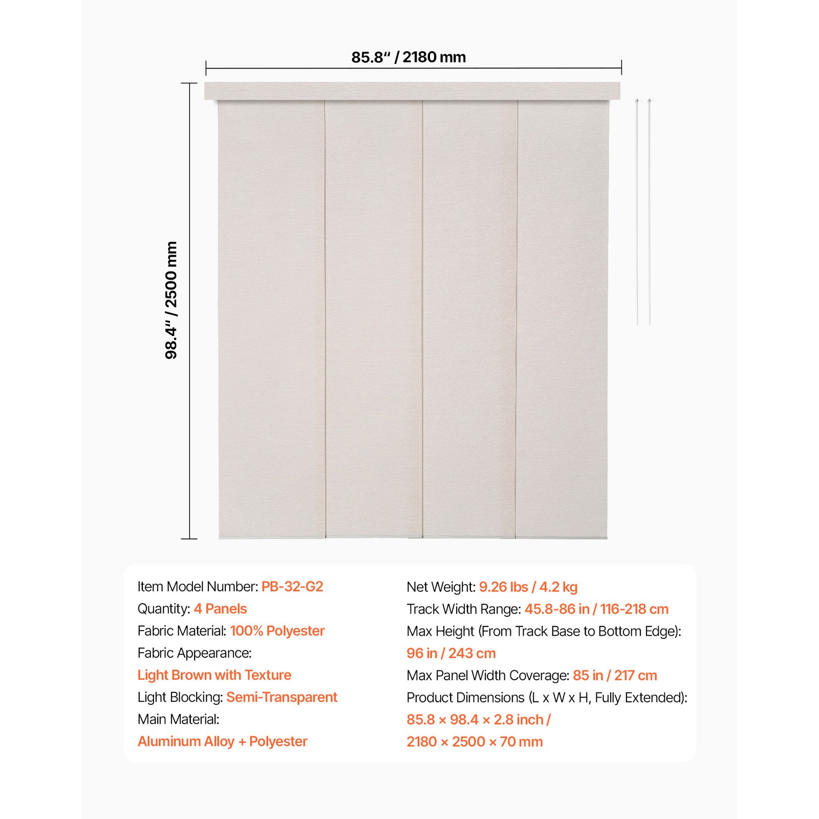 Panel Track Blinds Extendable Track from 45.8in to 86in W Trimmable Light Brown
