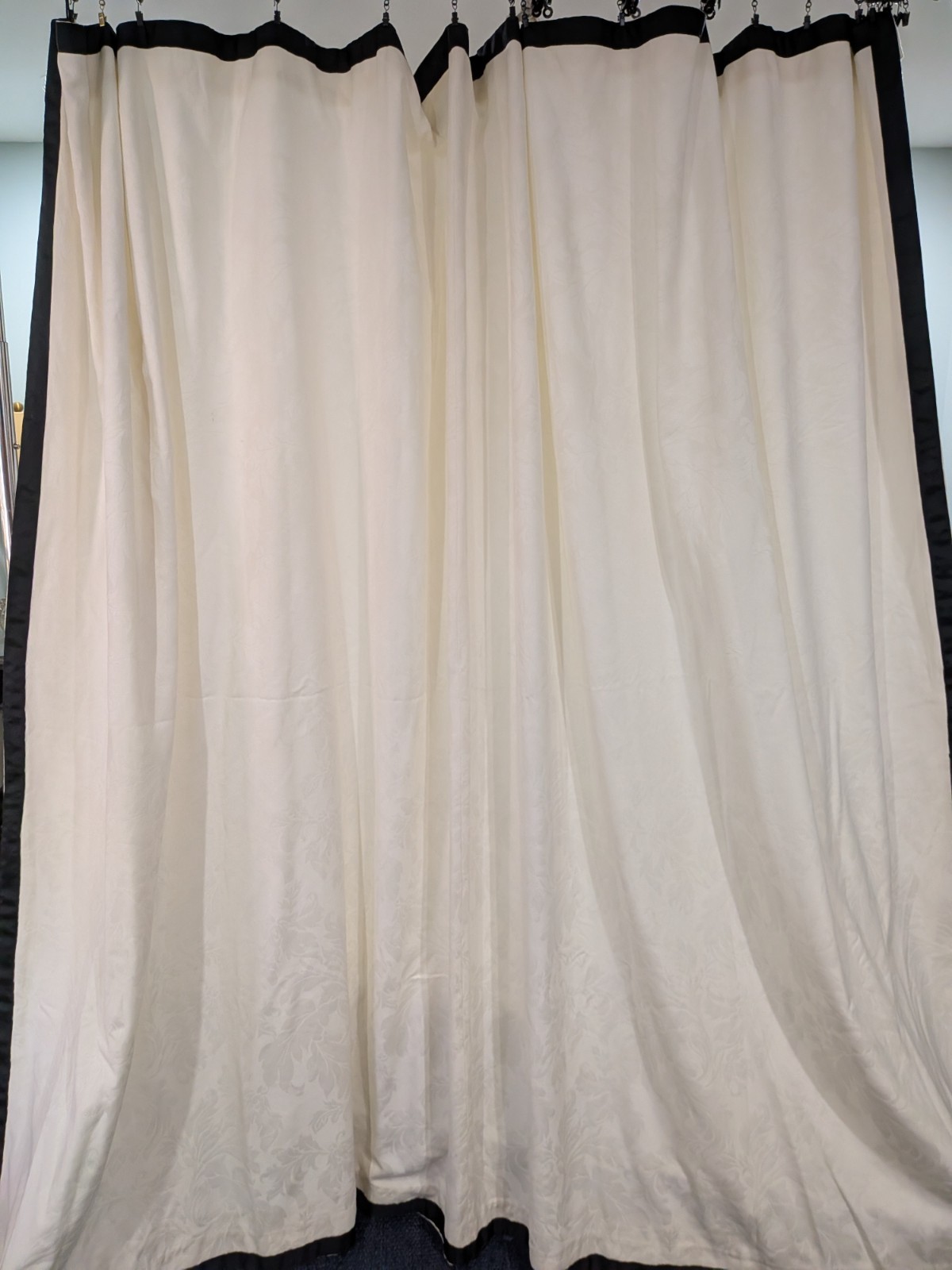 1 pair/2 panels White Jacquard Drapes Black Ribbon Border each panel 109″Wx 81″L