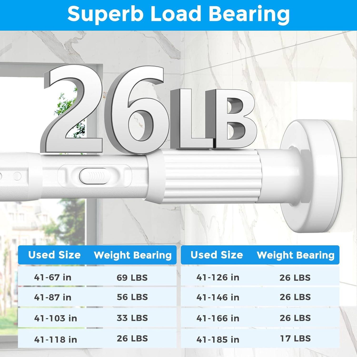 White Tension Curtain Rods 41-146 in Extra Long Outdoor Patio Curtain Rods No Dr