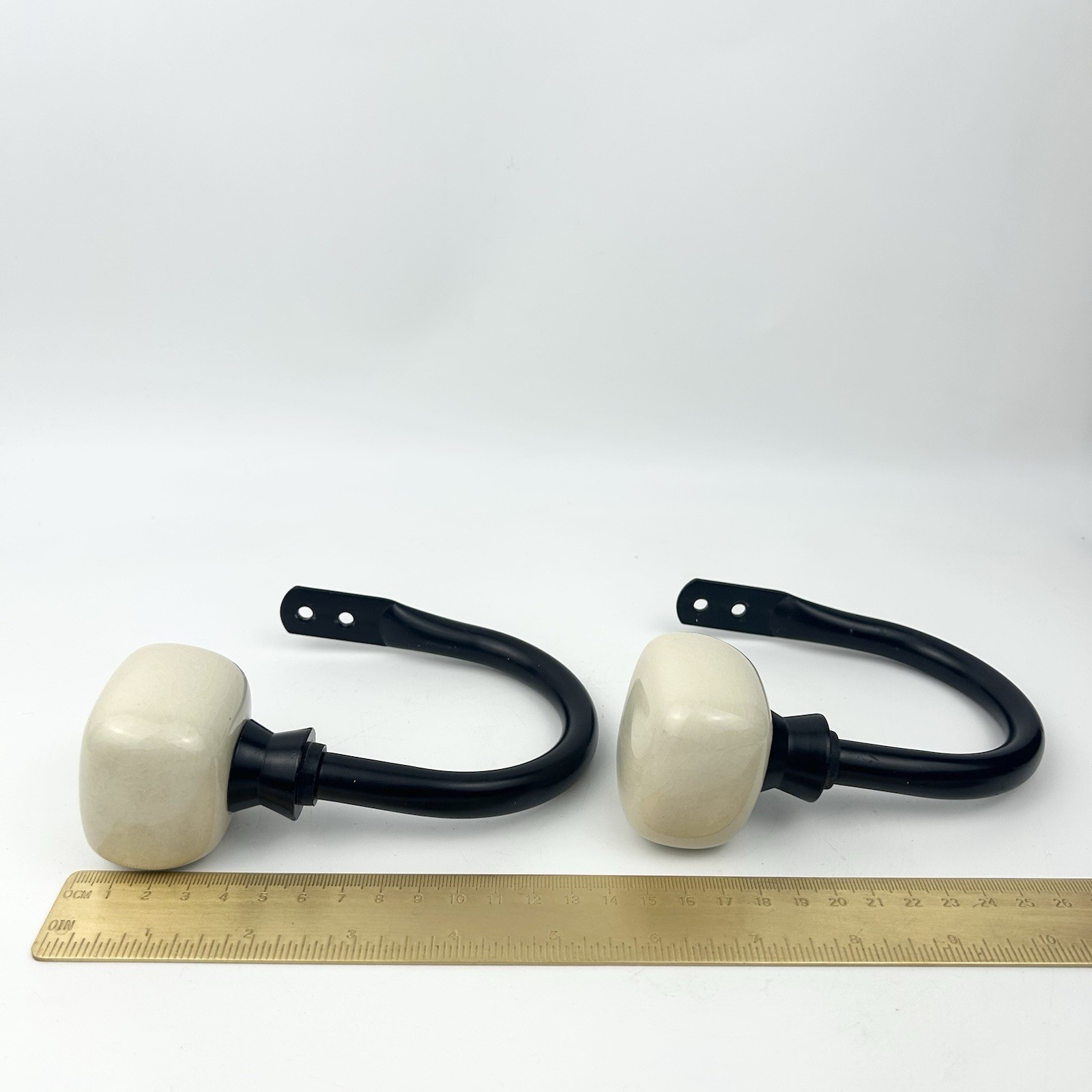 2 Black and Cream Ceramic Square Geometric Knob Curtain Holdbacks #3