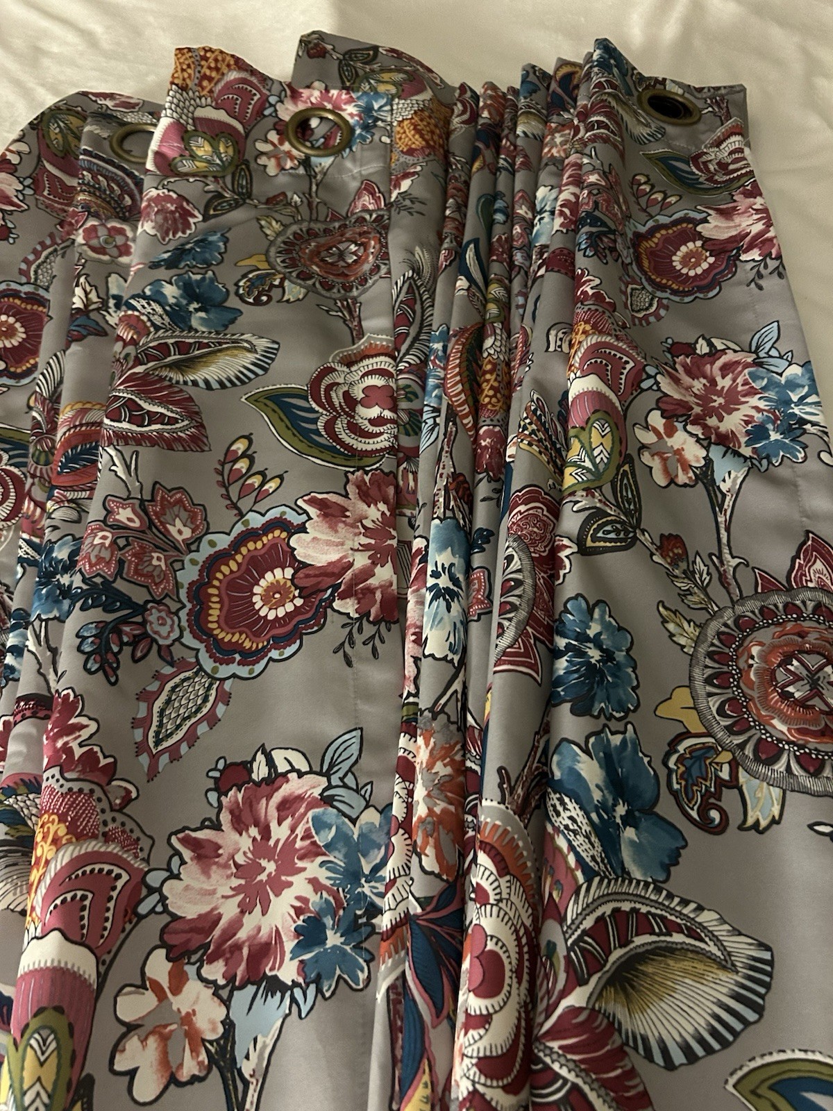 #77Pier One Floral Silver Tone Curtains Grommets 2 Panels 50 x 84 Lined Preowned