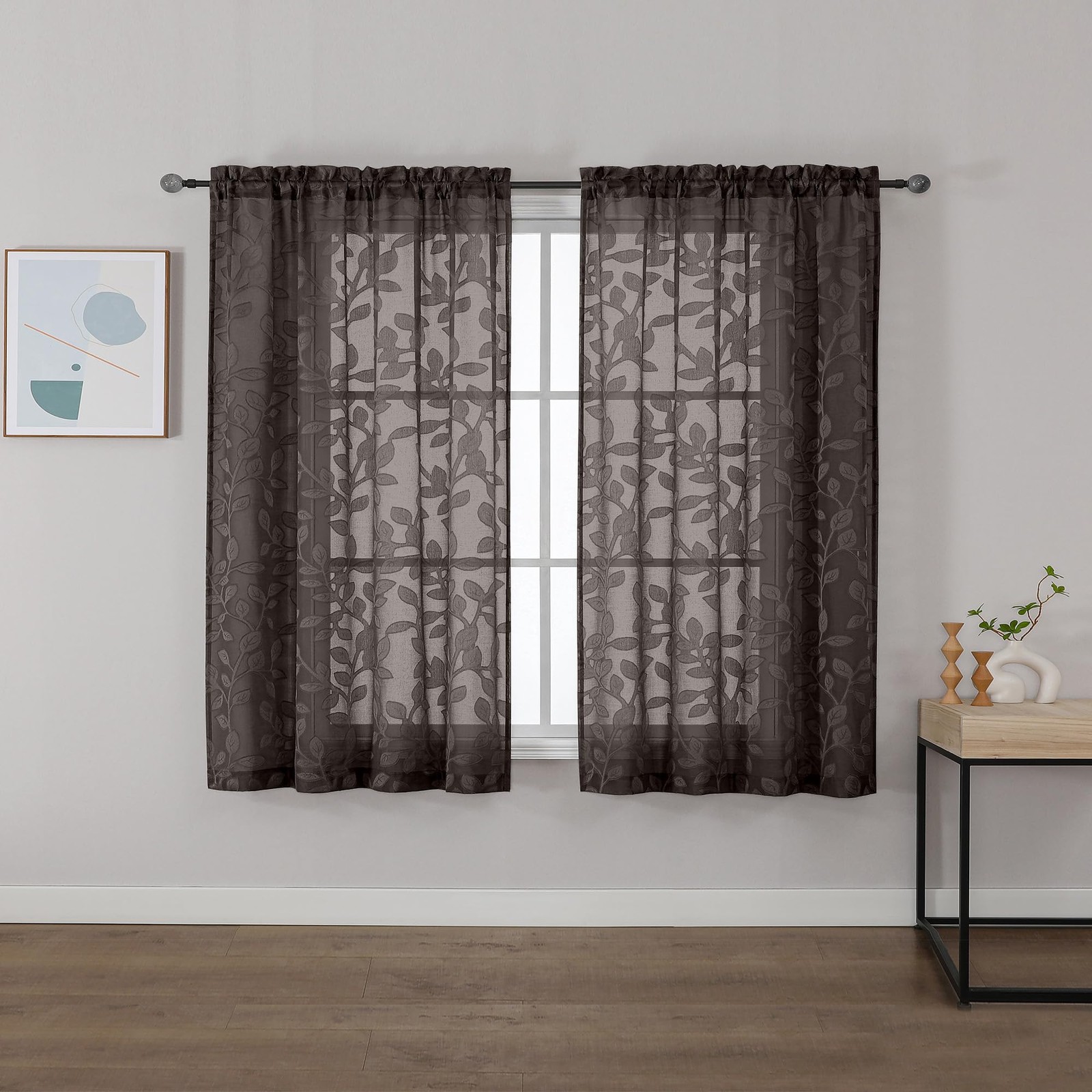 Brown Sheer Curtains 42″W x 45″L, 2 Panels, Light Filtering for Living Room,
