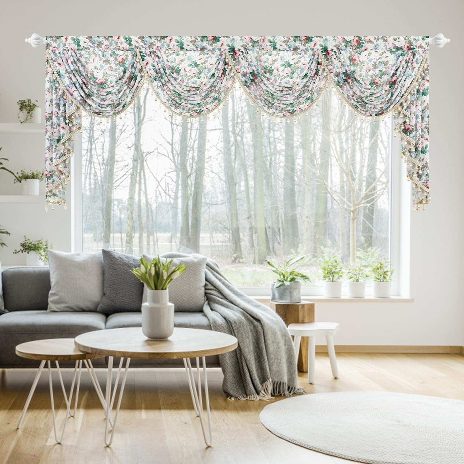 Farmhouse Vintage Waterfall Valance with Bead Fringe for Large Windows