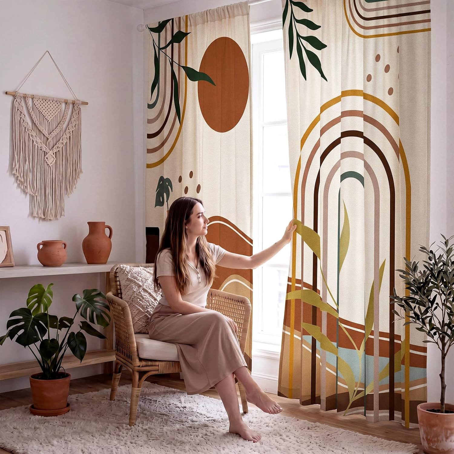 2 Pcs Boho Curtains for Living Room Mid Century Abstract Leaves Rainbow Curtains