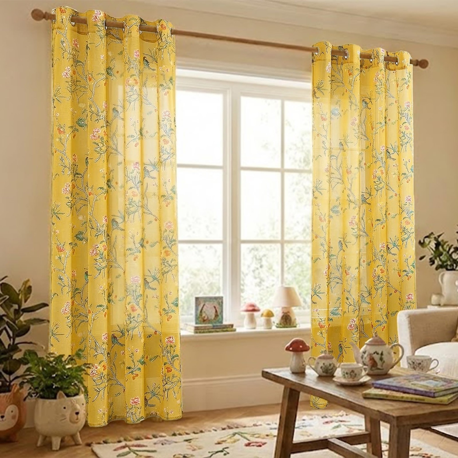 XTMYI Mustard Yellow Floral Sheer Curtains, 52″W x 84″L (Pack of 2),