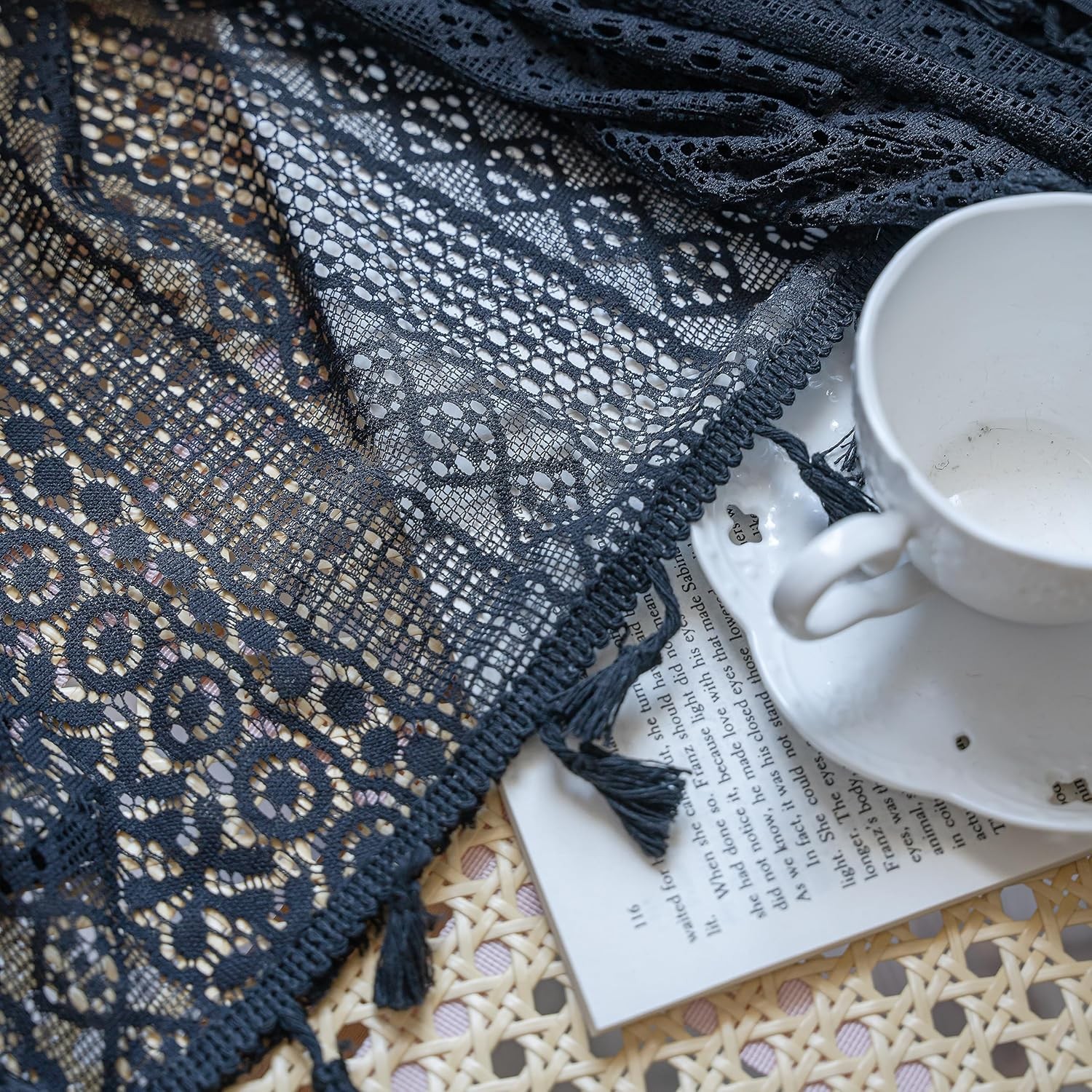Black Boho Curtain Crochet Lace Handmade Tassels Vintage Rustic Bohemian Drape