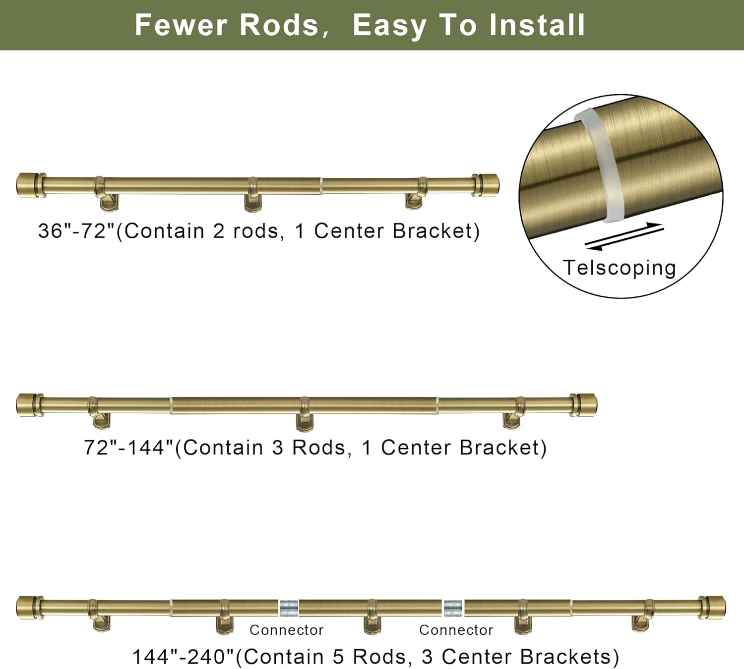 1 1/8 Inch Diameter Curtain Rods 144 to 240 Inches(12-20Ft), Telescoping Heavy D