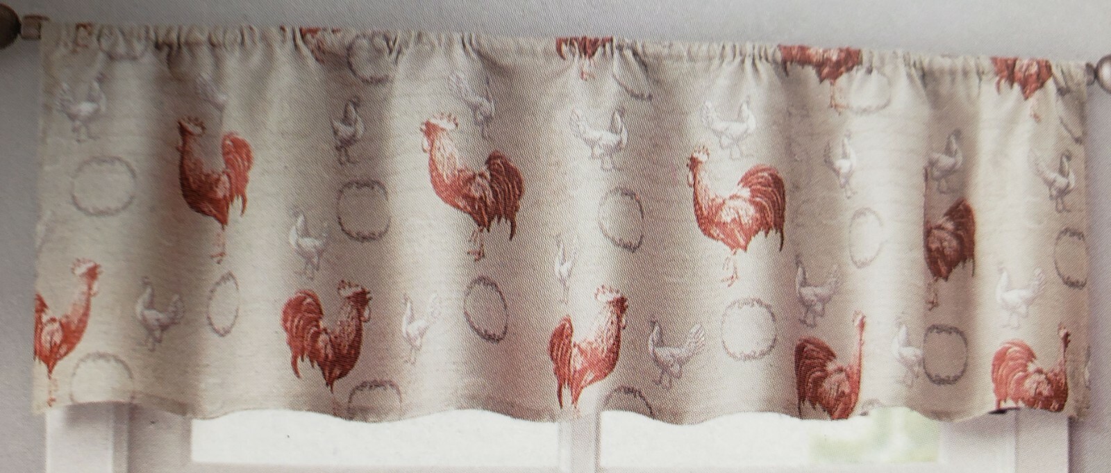3 pc. Curtains Set: Valance (56″x14″) & 2 Tiers (28″x36″) ROOSTER & STAMPS, VC