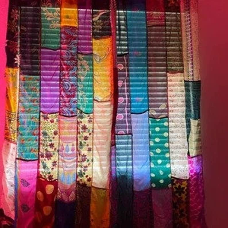2 Pcs Indian Sari Patchwork Curtain Drape Window Decor Multi Silk Sari Curtain