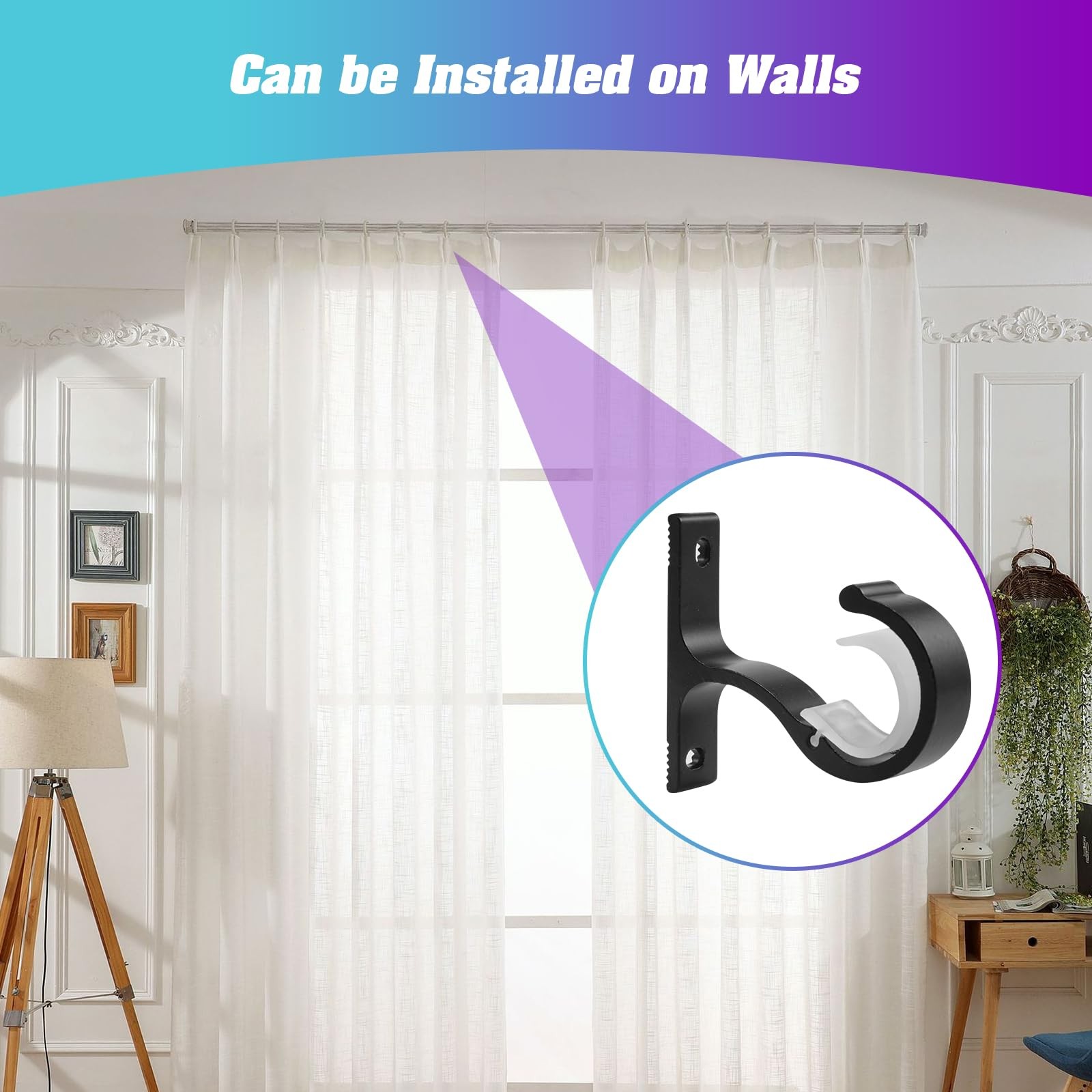 4 PCS Black Ceiling Wall Mount Curtain Rod Brackets Sturdy Metal Holders Set