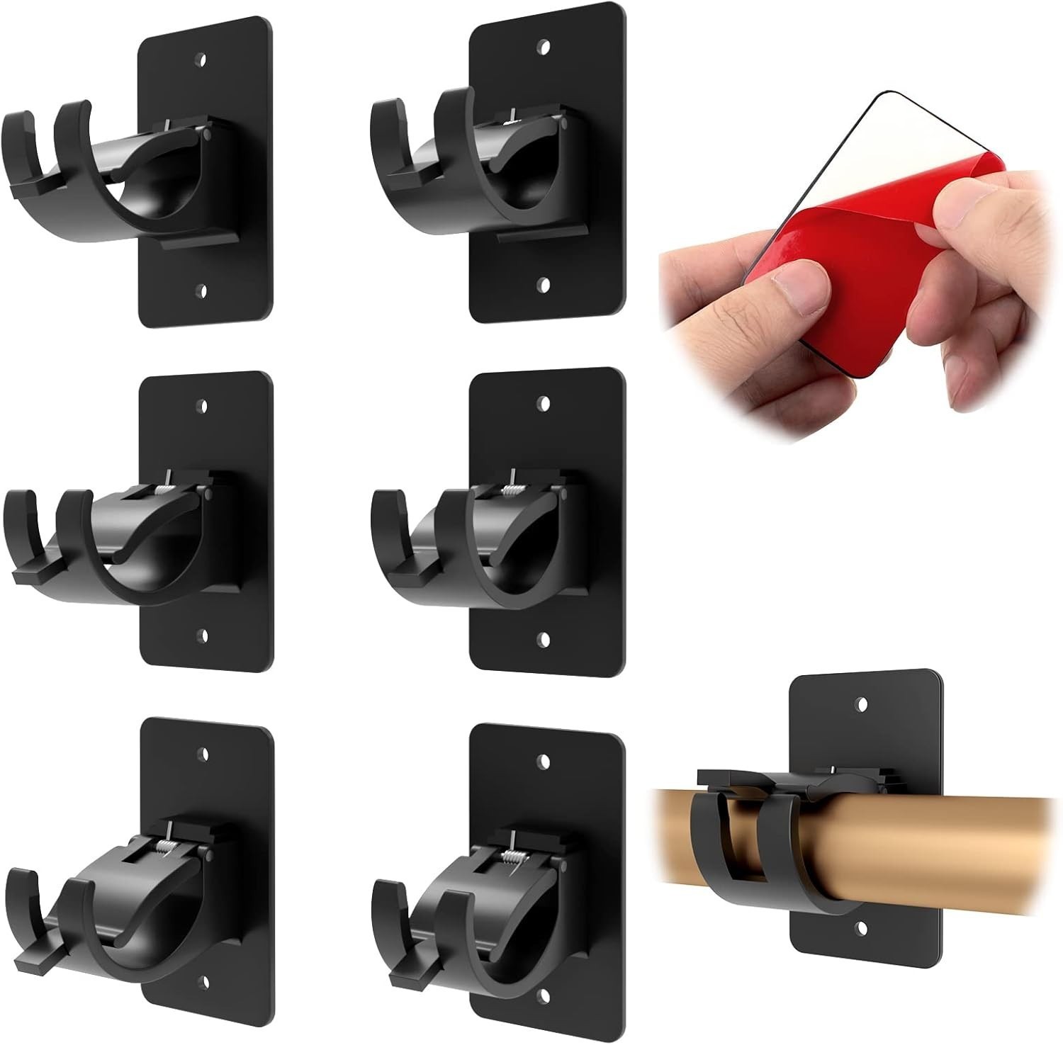 4PC No Drill Curtain Rod Brackets Gold Plastic Self-Adhesive & Screw Mount